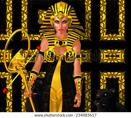 Egyptian Woman Pharaoh with black panther. Modern digital art fantasy. Set on a gold and black abstract background to enhance the image of wealth.