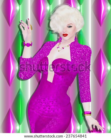 Platinum blonde 3d digital art model in pink dress against a colorful matching background.