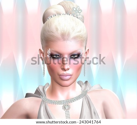 Blonde beauty against a pastel abstract background. Pearl earrings, jewelry and a matching dress all against a warm colorful background.