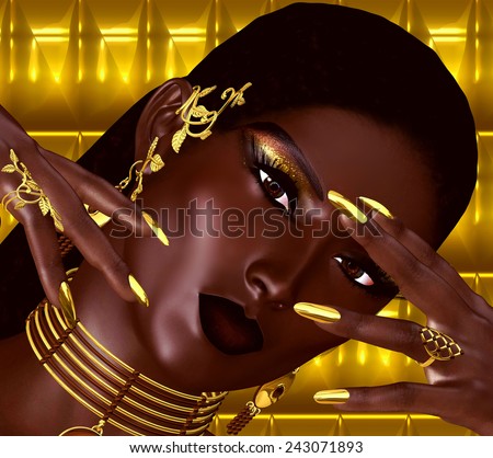 A close up face shot of a modern fashion woman is depicted in this abstract digital art rendering. Short hair, gold nail extensions and a glowing abstract background complete this fashion look.