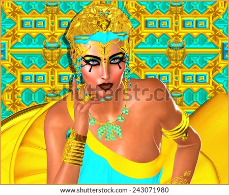 Egyptian woman with beautiful cosmetics, adorned in gold and turquoise jewelry set against a unique patterned background. Modern digital art, Egyptian fantasy style.