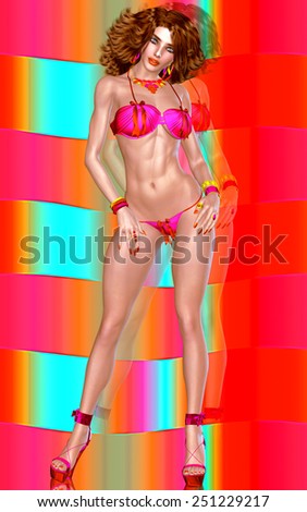 A brunette woman in a pink bikini with red ribbons and high heels, poses in front of an abstract background.  Great for Valentines day, love or beauty themed projects.