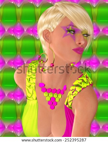 Star eye makeup and short blonde hair accentuate the punk look of this modern digital art model. A colorful abstract background that matches her cosmetics, jewelry and outfit, completes this art scene