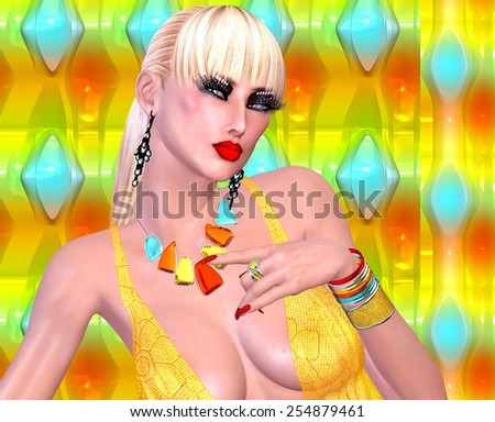 Punk girl with blonde hair against an abstract colorful background. Her colorful cosmetics match the background and her jewelry too.