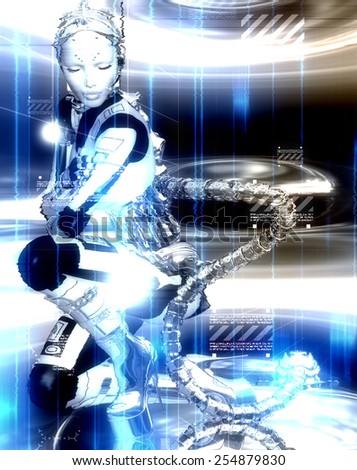 Futuristic robot girl to shows off man\'s creation of modern machinery and beauty combined. An abstract background of glowing white and blue lights sets the stage for this sci-fi scene.