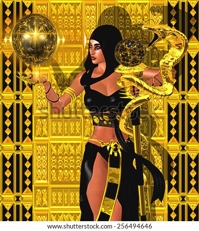 A fantasy art image of a magic woman with gold snake and mystical sphere of light. A black hood and outfit, she exudes mystery and magic. A gold and black background add to the wealth and power.