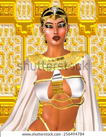 Egyptian digital art fantasy image of a goddess in white and gold standing against a glittering gold background with white diamonds. Beauty, power and spirituality are all encompassed in this scene.