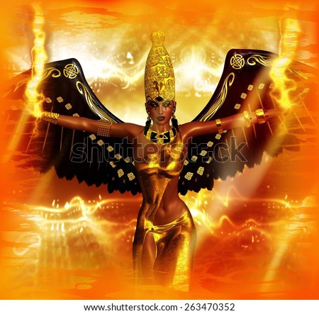 Angel of fire fantasy image. An angel with wings of black feathers and a background of fire along with Egyptian accents all set the stage for this powerful mythological fantasy scene.