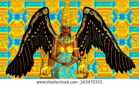 The Angel of Egypt. Wings of gold and black and feather earrings. Seated on a gold throne with an Egyptian crown and her wings spread out, this mythical creation exudes serenity and power.
