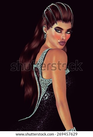 Brunette with diamonds and black onyx tiara with matching dress.  This digital art beauty and fashion scene depicts a brunette with gemstone cosmetics and matching accessories of diamonds and onyx.