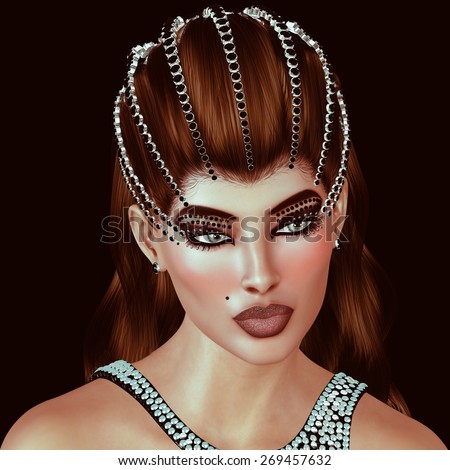 Brunette with diamonds and black onyx tiara with matching dress.  This digital art beauty and fashion scene depicts a brunette with gemstone cosmetics and matching accessories of diamonds and onyx.