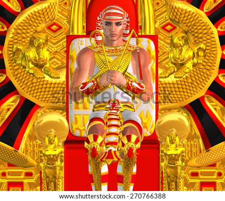 Egyptian Pharaoh Ramses seated on throne, a fantasy digital art version of an ancient Egyptian king. Gold and red background exudes the wealth and power of Egypt,use for King Tut, Ramses II or others.