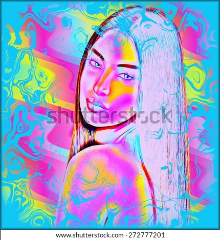 Abstract digital art image of a woman\'s face close up on a colorful textured background. Great for expressing modern art, beauty or abstract themes.