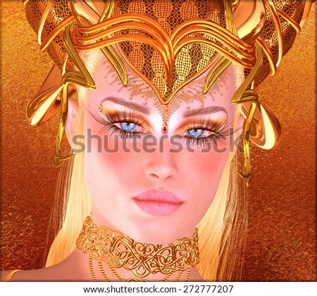 Woman with gold crown, necklace, eye makeup and matching abstract gold background.  This fantasy, digital art scene depicts the spirit of the golden ram and man\'s lust for gold as a seductive woman.