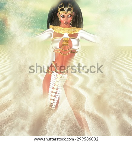 Goddess of the desert sands. A desert landscape with a magical Egyptian Goddess appearing in the sand.  White sunlight sparkles through the golden sands creating a mystical effect adding to her beauty