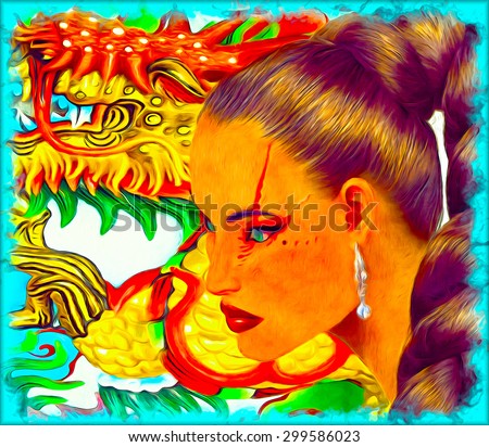 Asian woman with dragon background. Long pony tail hairstyle and colorful makeup. Profile of face close up with unique eye shadow and cosmetics that match the background