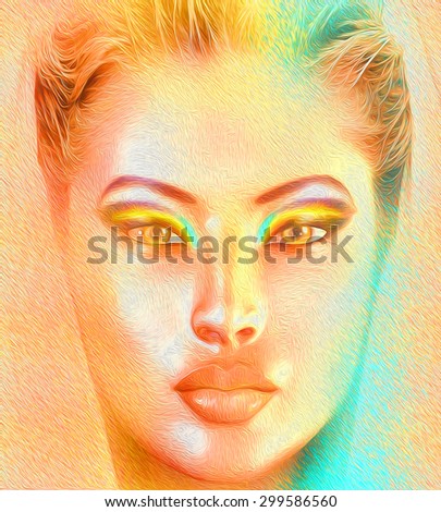 Woman\'s face and cosmetics close up in our modern digital art style. Beauty and fashion in a 3d render.