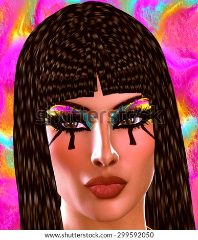 A colorful modern digital art image of an Egyptian woman\'s face close up.  Beautiful eye make up and a matching background create a wonderful beauty and fashion scene with an Egyptian theme.