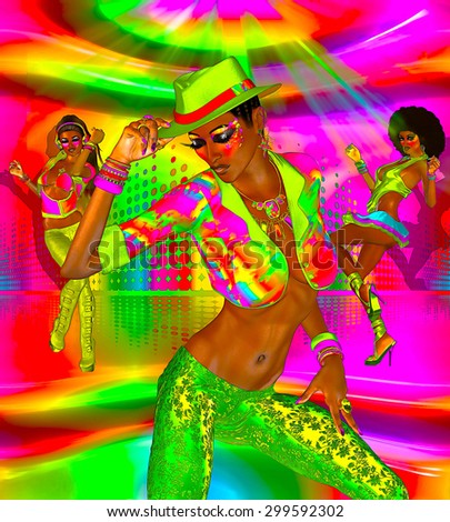 Party girls, disco dancing the night away! Our unique digital art designed girls are perfect for party fliers or projects and web sites with vintage and retro dance party themes.