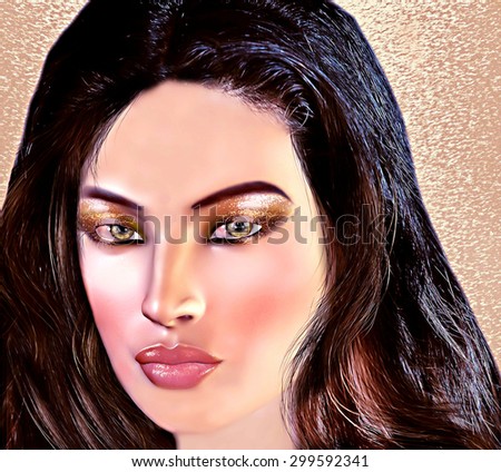 A digital art creation of a beautiful Mediterranean woman\'s face close up with long brunette hair. Perfect for beauty, fashion and health themed projects!