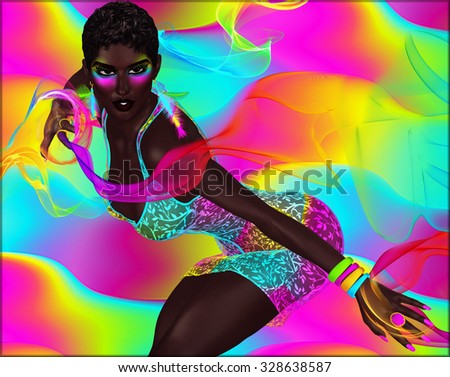 Colorful ribbons, matching abstract background, makeup and dress all come together to create this unique digital art image of a beautiful and powerful African woman! Suitable for disco party themes.