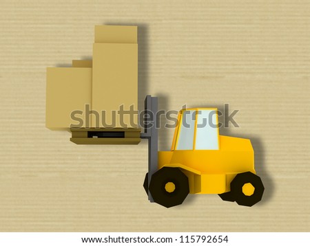 Yellow fork lift truck with raised fork,  on cardboard background