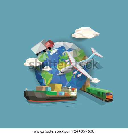 Low polygon transportation icons and planet earth. Vector illustration.