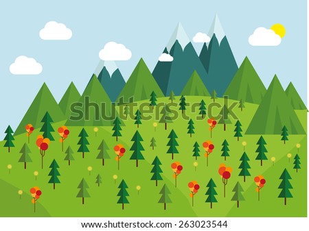 Nature landscape,   trees, mountains and cloudy sky layers flat illustration.