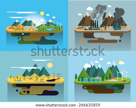 Ecology Concept Vector Icons Set for Environment, Green Energy and Nature Pollution Designs. Flat Style. Renewable Energy, Natural Farm Products, Fresh Air and Drinking Water.