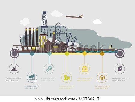 Flat design vector info graphic illustration with urban landscape and industrial factory buildings.