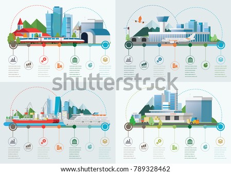 Set of the infoghrphic elements. Transportation by water, by air, by train. Flat illustration.