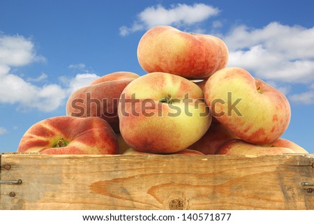 fresh colorful flat peaches (donut peaches) in a wooden crate against a blue sky with clouds