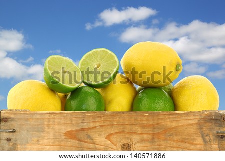 fresh lemons and lime fruits and some cut ones in wooden crate against a blue sky with clouds