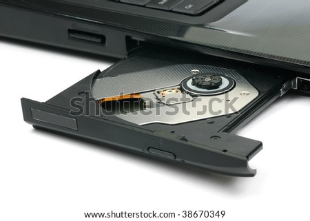 open tray of a laptop dvd writer on a white background