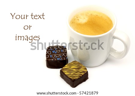 fresh cup of coffee and two bonbons with room for tour text or images