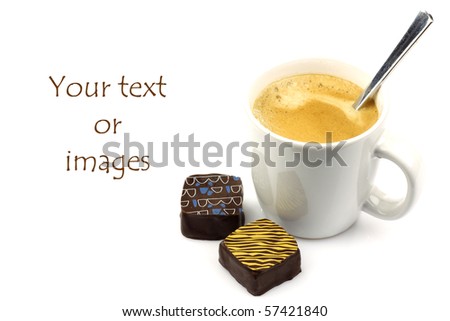 fresh cup of coffee, a spoon and two bonbons with room for tour text or images on a white background