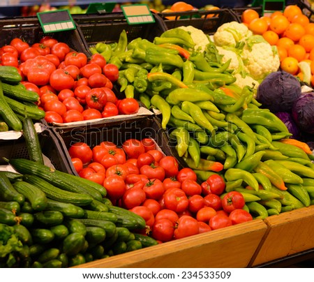 Fruit market with various fresh fruits and vegetables. Supermarket