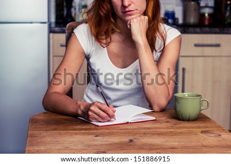 Woman Making A Shopping List In Her Kitchen