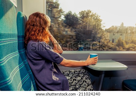 A young woman is sitting on a train with a cup of coffee and is looking out