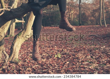 A person is sitting in a tree dangling their legs