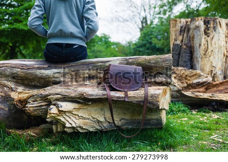 A young woman is sitting on a tree trunk in the park with her handbag net to her