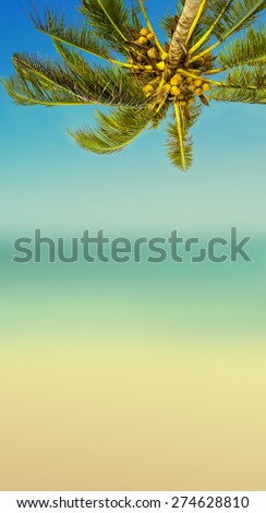 Vintage effect (retro style). Empty wooden table, coconut palm tree, ocean and blurry beach. Tropic island background.