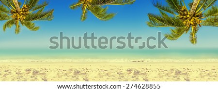 Vintage effect (retro style). Coconut palm trees, ocean and sandy beach. Tropic island background. Panoramic view.