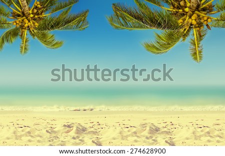 Vintage effect (retro style). Coconut palm trees, ocean and sandy beach. Tropic island background. Panoramic view.