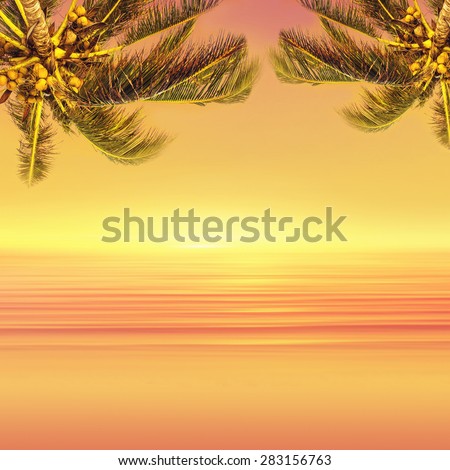 Coconut palm tree and sunset ocean landscape. Tropical paradise.