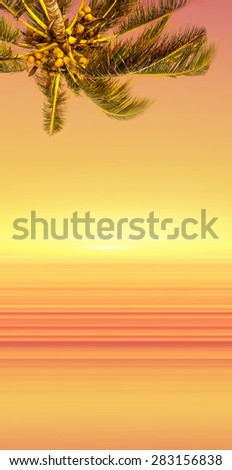 Coconut palm tree and sunset ocean landscape. Tropical paradise. Vertical view.