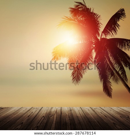Shiny design banner background. Tropical landscape with coconut palm tree, blurry ocean at sunset. Vertical view. Vintage effect.