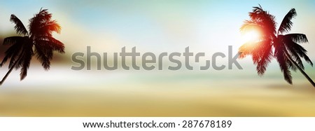 Shiny design banner background. Tropical landscape with coconut palm tree, blurry ocean at sunset. Vertical view. Vintage effect.