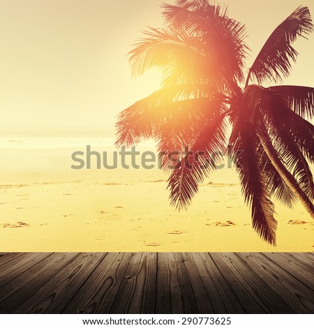 Tropical beach landscape with coconut palm tree and sandy beach. Empty table. Design banner background.