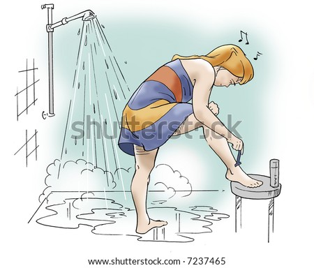 Illustration of a woman shaving her legs in the shower